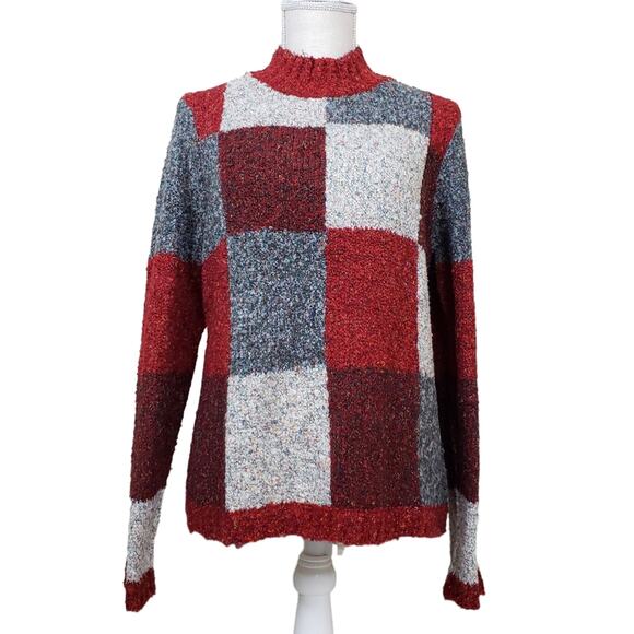 Christopher & Banks Womens Vintage Y2K Burgundy Gray Check Knit Sweater - Picture 2 of 12